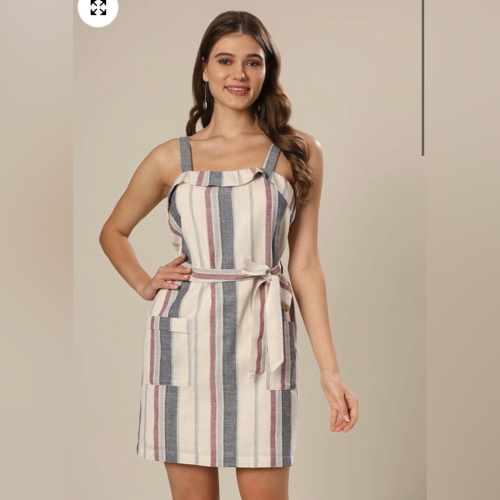Striped Sleeveless Mini Dress in Blue, Pink, and Cream Apron style Chore Pockets